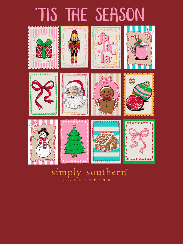 Simply Southern | Merry Mail Holiday Stamps Long Sleeve Graphic T-Shirt in Maroon