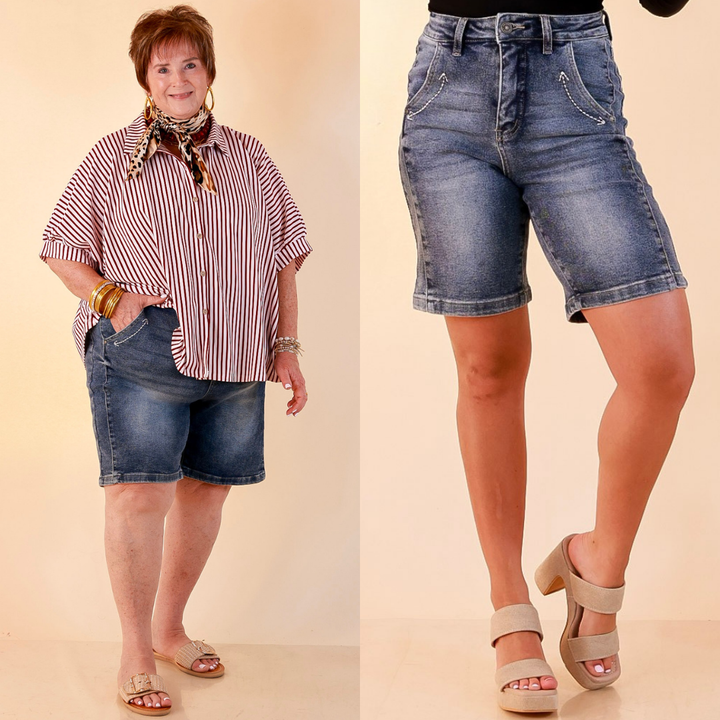 L&amp;B | Meet Me in Cheyenne Bermuda Denim Shorts in Medium Stone Wash
