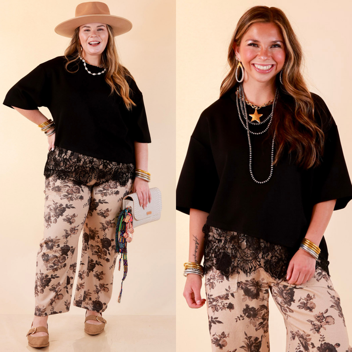 Laced with Charm Oversized Asymmetrical Lace Trim Boxy Top in Black