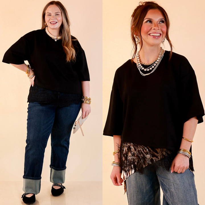 Laced with Charm Oversized Asymmetrical Lace Trim Boxy Top in Black