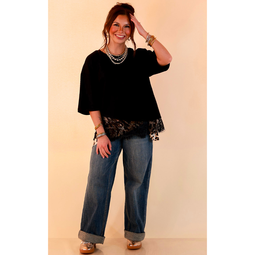 Laced with Charm Oversized Asymmetrical Lace Trim Boxy Top in Black