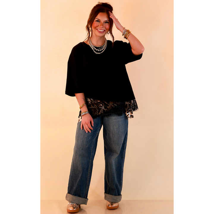 Laced with Charm Oversized Asymmetrical Lace Trim Boxy Top in Black
