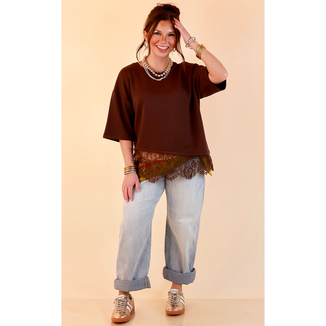 Laced with Charm Oversized Asymmetrical Lace Trim Boxy Top in Chocolate Brown