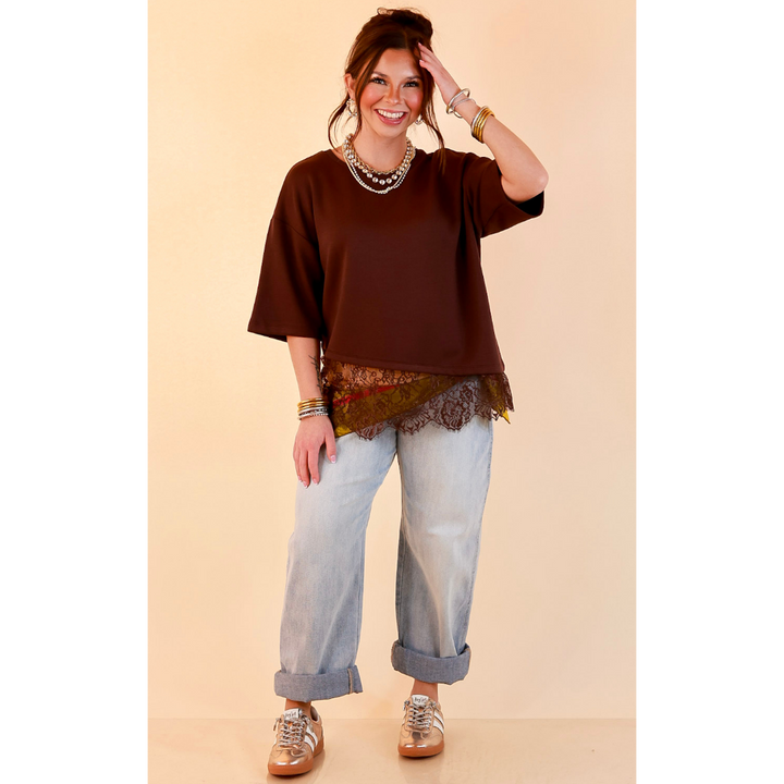 Laced with Charm Oversized Asymmetrical Lace Trim Boxy Top in Chocolate Brown