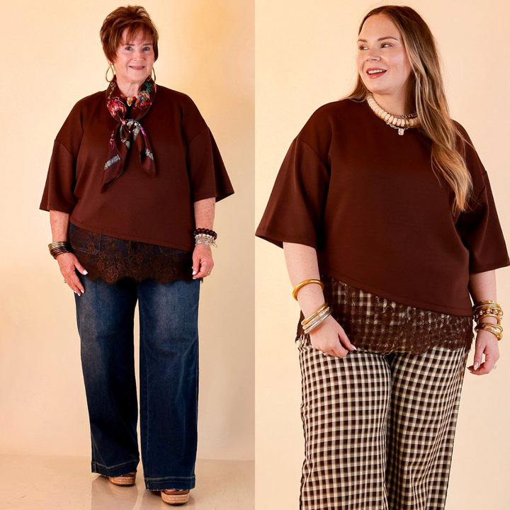 Laced with Charm Oversized Asymmetrical Lace Trim Boxy Top in Chocolate Brown