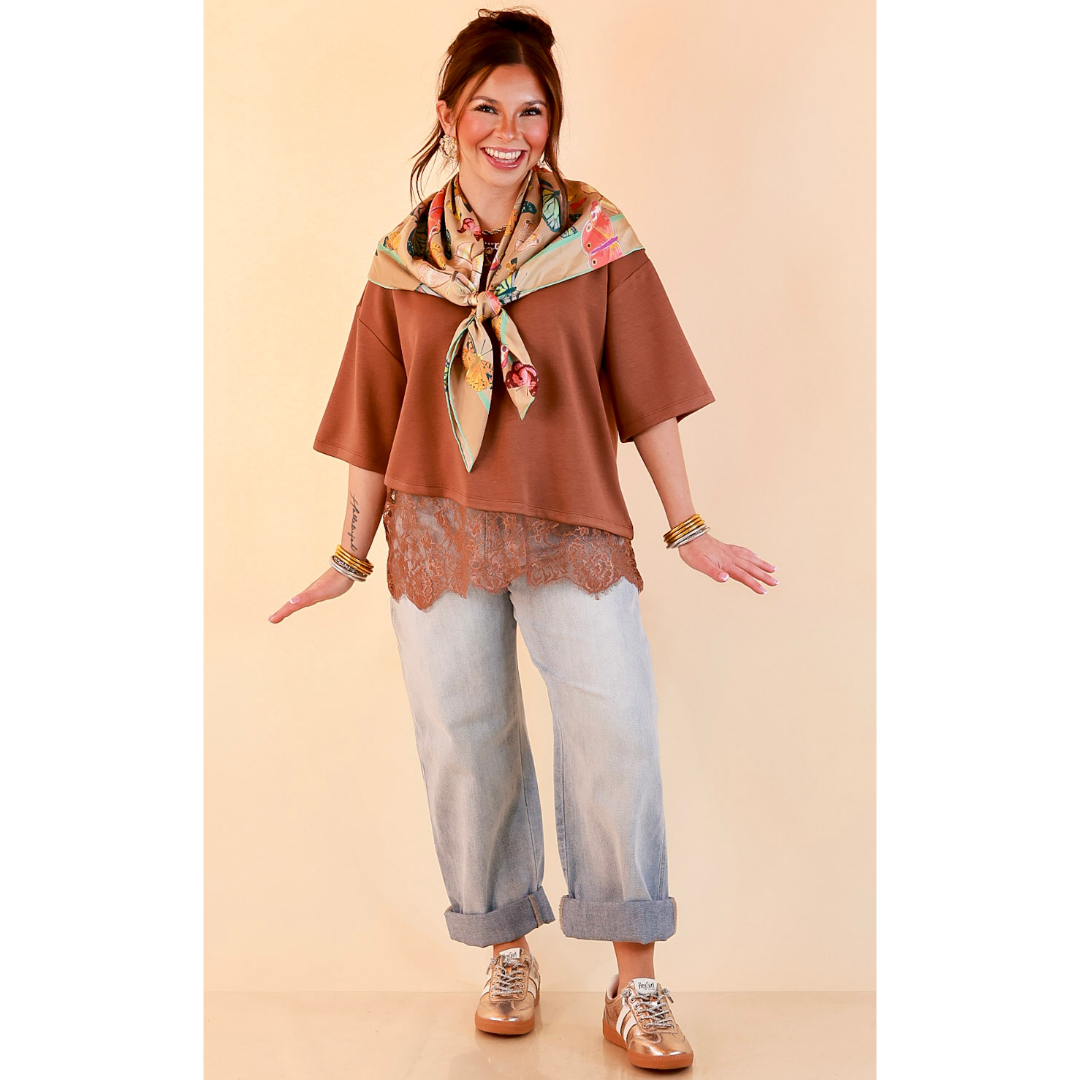 Laced with Charm Oversized Asymmetrical Lace Trim Boxy Top in Coco Brown