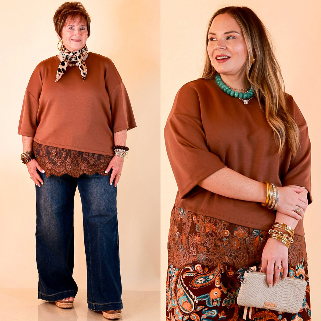 Laced with Charm Oversized Asymmetrical Lace Trim Boxy Top in Coco Brown
