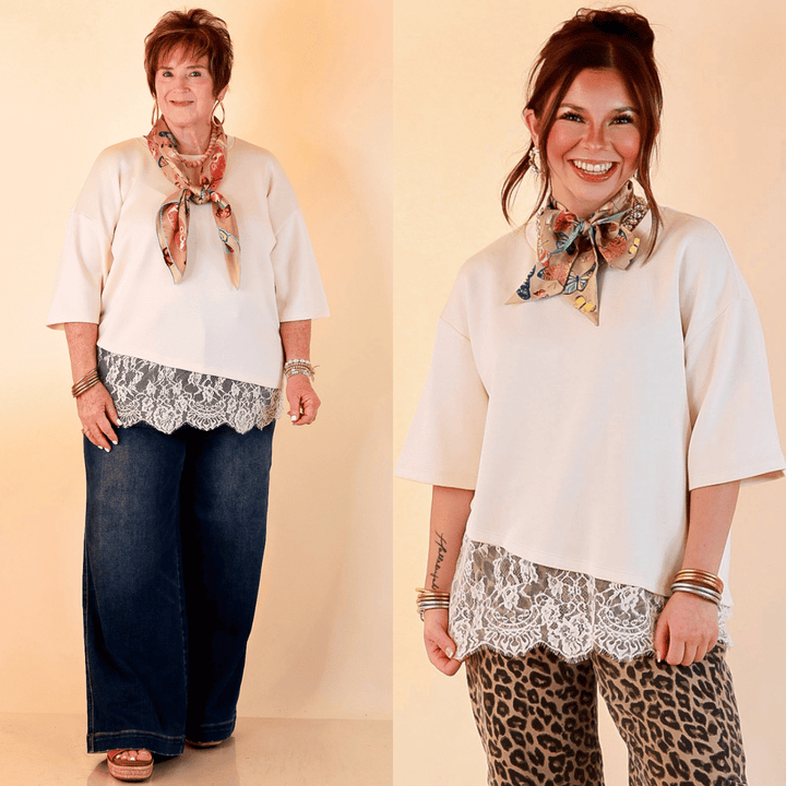 Laced with Charm Oversized Asymmetrical Lace Trim Boxy Top in Ivory