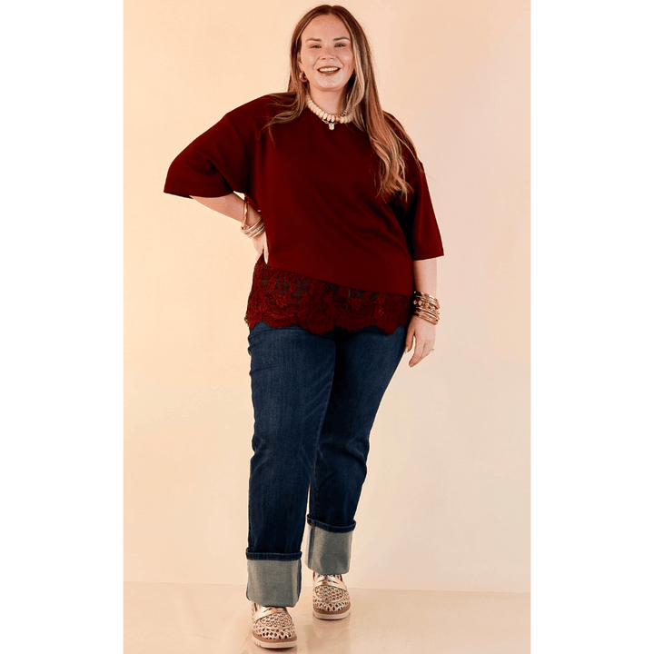 Laced with Charm Oversized Asymmetrical Lace Trim Boxy Top in Maroon
