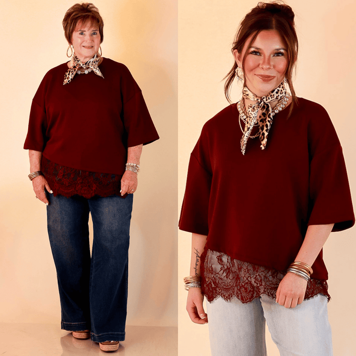 Laced with Charm Oversized Asymmetrical Lace Trim Boxy Top in Maroon