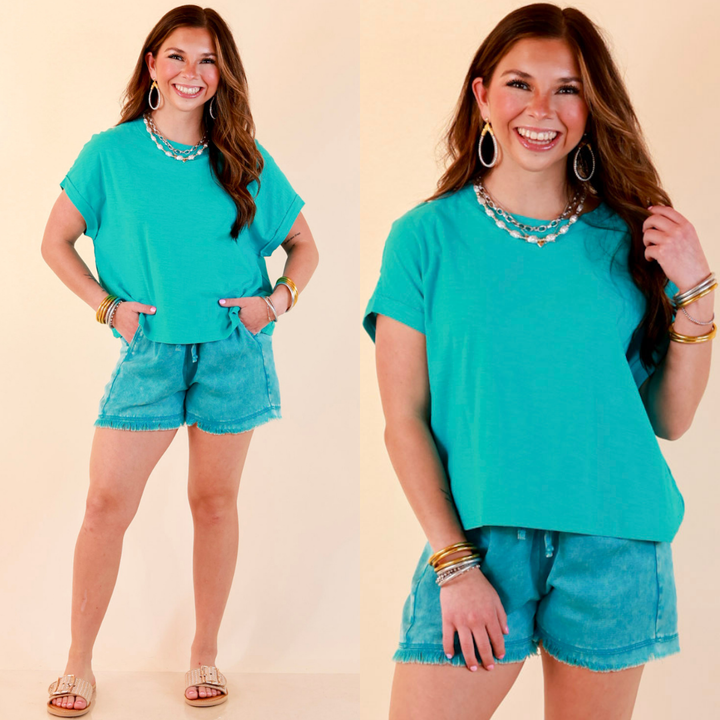 Laidback Luxe Rolled Drop Sleeve Relaxed Fit Basic Short Sleeve Top in Turquoise Blue