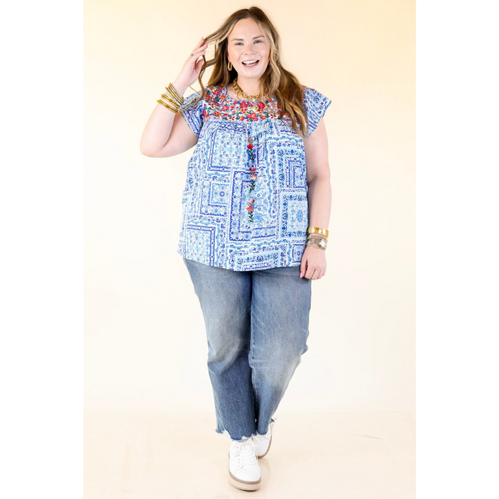 Lajitas Lady Floral Embroidered Babydoll Top in Blue and White