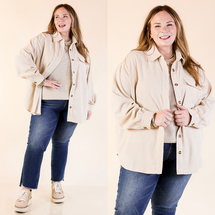Latte Sips Button Up Corduroy Shacket in Cream