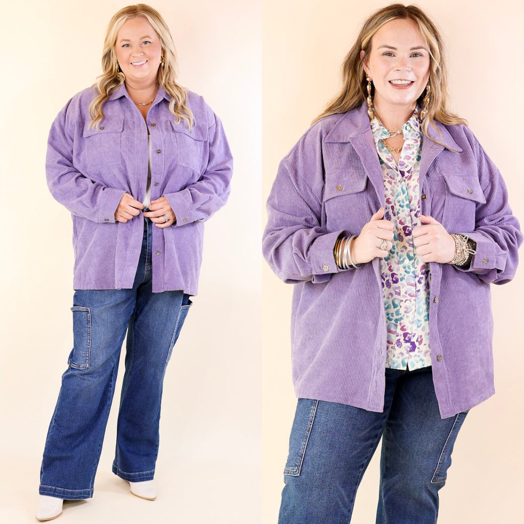 Latte Sips Button Up Corduroy Shacket in Dusty Purple