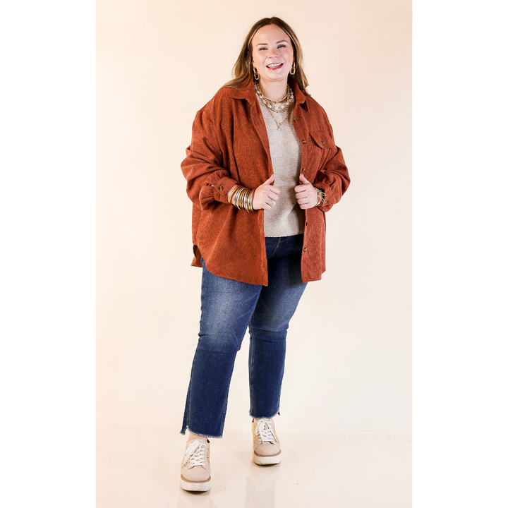 Latte Sips Button Up Corduroy Shacket in Rust