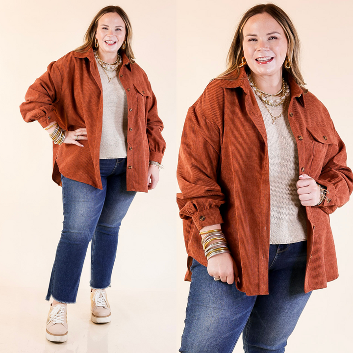 Latte Sips Button Up Corduroy Shacket in Rust