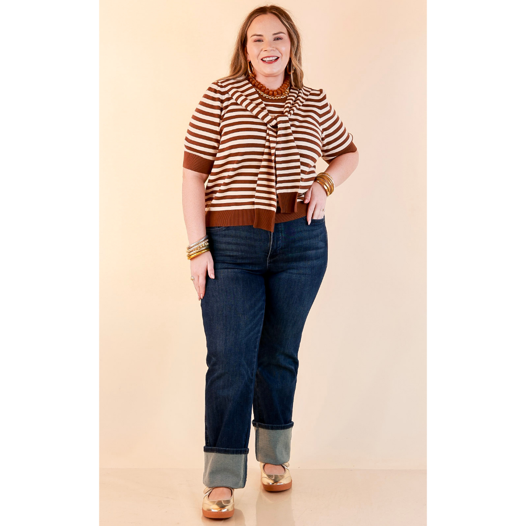 Leading Lady Faux Sweater Tie Detail Short Sleeve Striped Knit Top in Brown and Ivory
