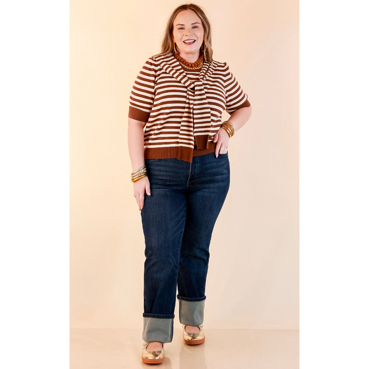 Leading Lady Faux Sweater Tie Detail Short Sleeve Striped Knit Top in Brown and Ivory