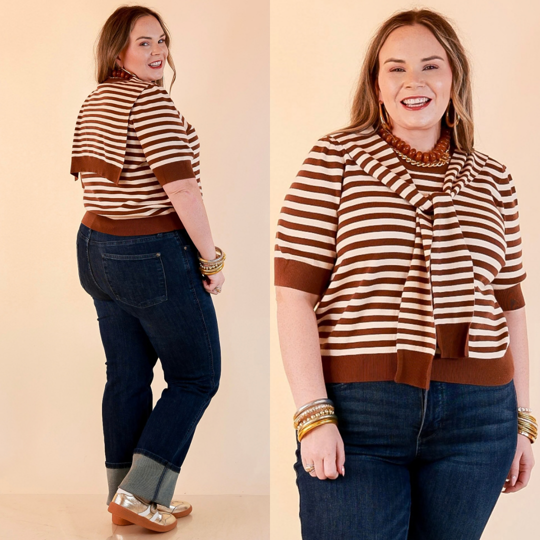 Leading Lady Faux Sweater Tie Detail Short Sleeve Striped Knit Top in Brown and Ivory