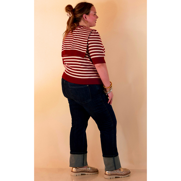Leading Lady Faux Sweater Tie Detail Short Sleeve Striped Knit Top in Burgundy and Ivory