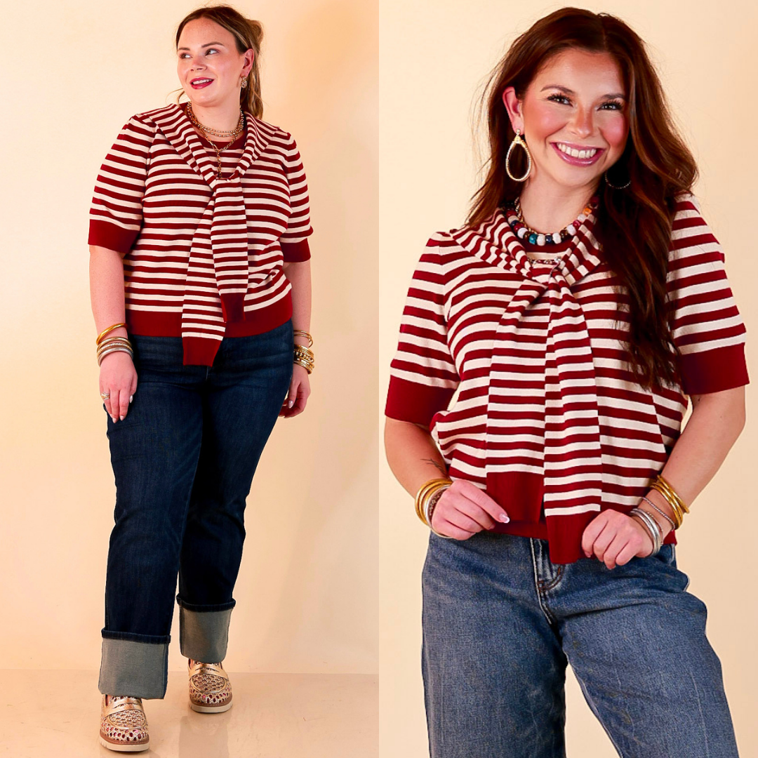 Leading Lady Faux Sweater Tie Detail Short Sleeve Striped Knit Top in Burgundy and Ivory