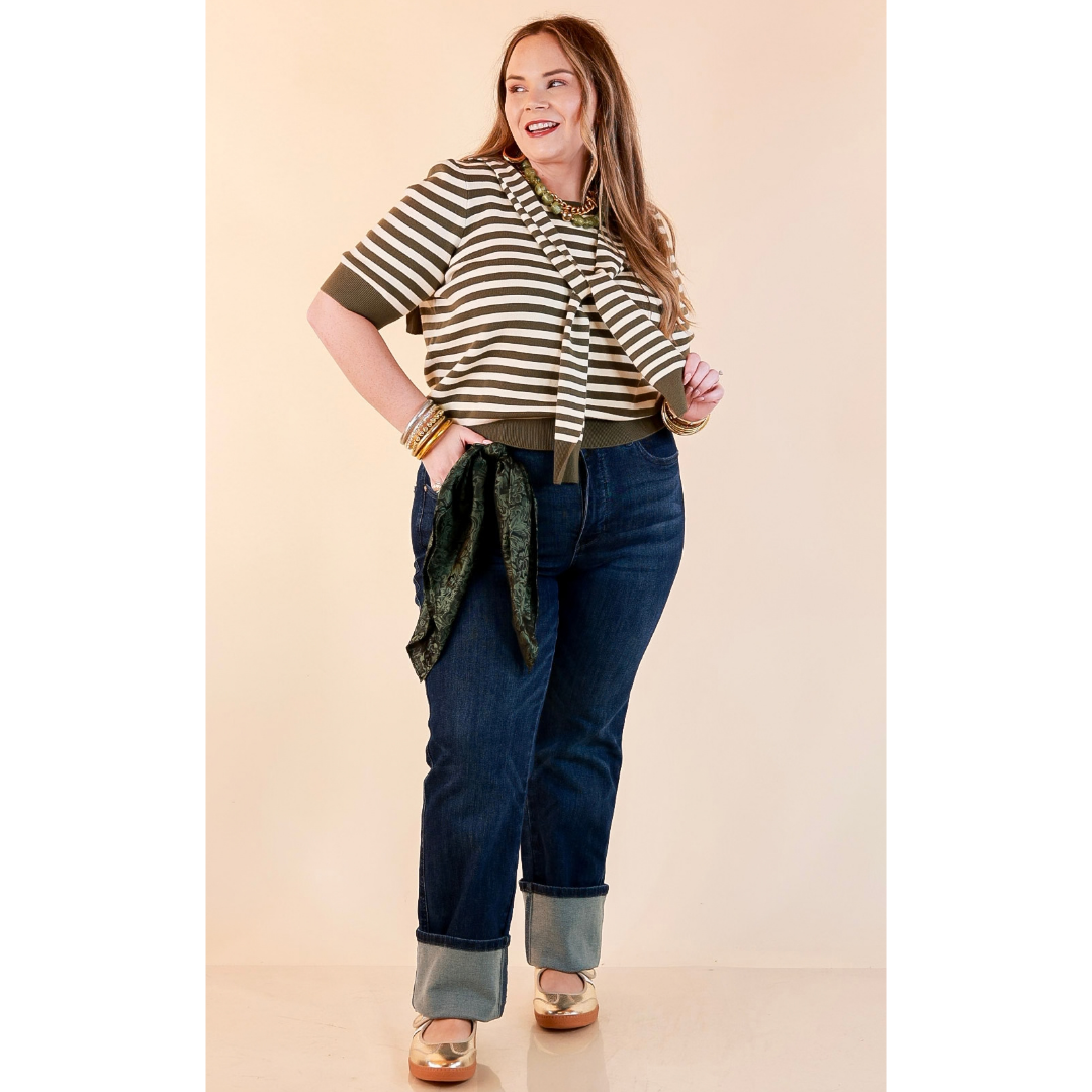Leading Lady Faux Sweater Tie Detail Short Sleeve Striped Knit Top in Olive and Ivory