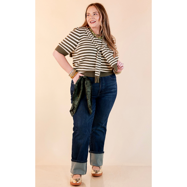 Leading Lady Faux Sweater Tie Detail Short Sleeve Striped Knit Top in Olive and Ivory