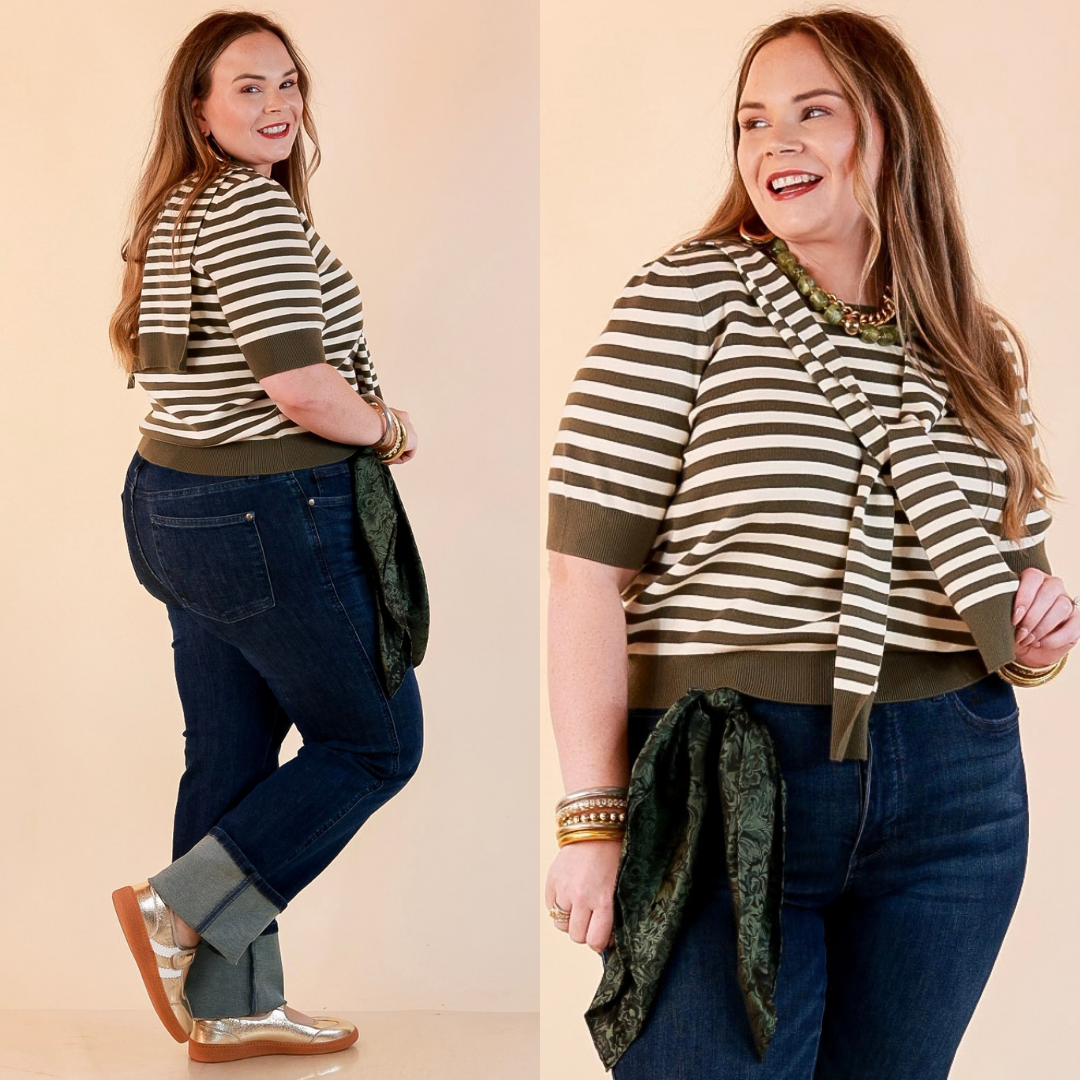 Leading Lady Faux Sweater Tie Detail Short Sleeve Striped Knit Top in Olive and Ivory