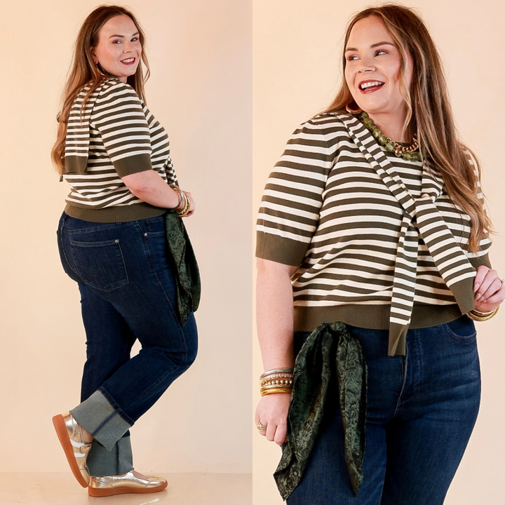 Leading Lady Faux Sweater Tie Detail Short Sleeve Striped Knit Top in Olive and Ivory