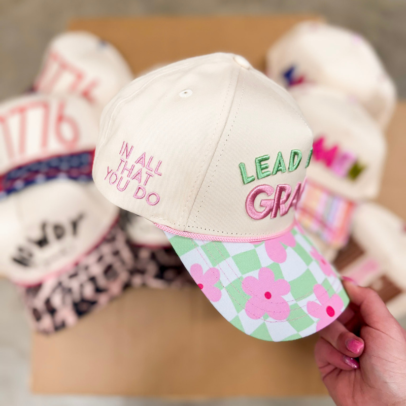 Lead with Grace Foam Trucker Hat with Floral Checkered Bill in Tan