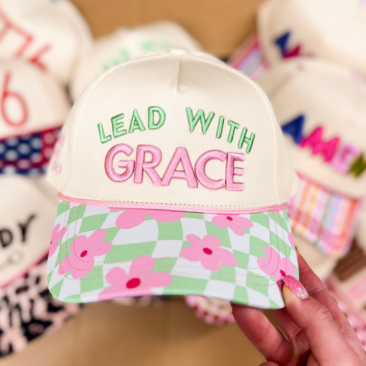 Lead with Grace Foam Trucker Hat with Floral Checkered Bill in Tan
