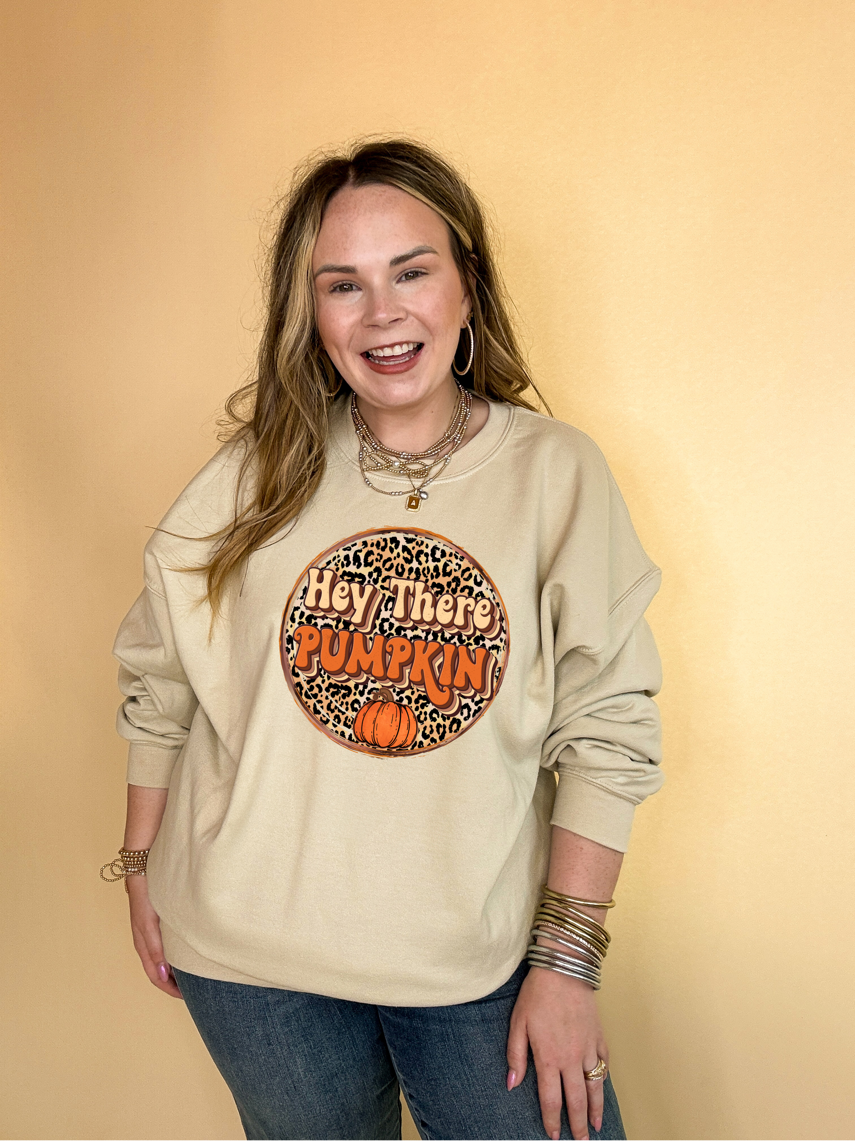 Online Exclusive | Hey There Pumpkin on Leopard background Graphic Sweatshirt in Multiple Color Options