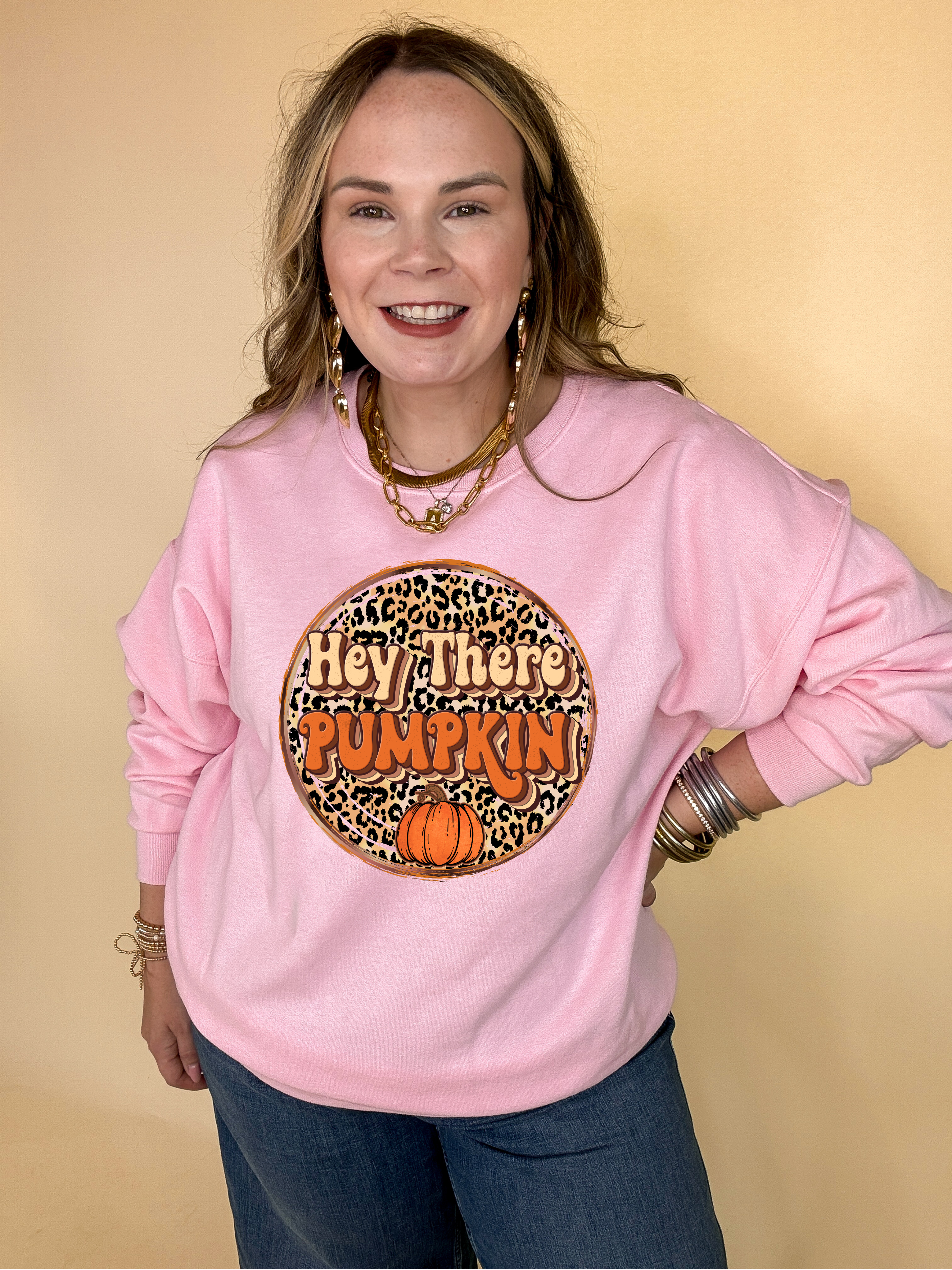 Online Exclusive | Hey There Pumpkin on Leopard background Graphic Sweatshirt in Multiple Color Options