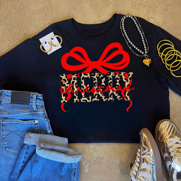 Online Exclusive | Leopard Merry with Red Bow Christmas Graphic on Tee and Sweatshirt Options