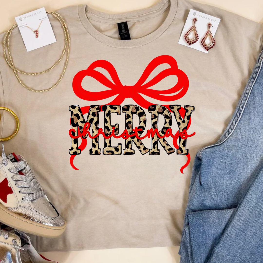 Online Exclusive | Leopard Merry with Red Bow Christmas Graphic on Tee and Sweatshirt Options