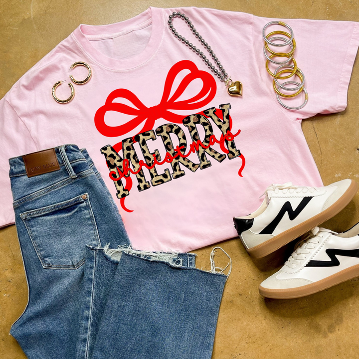 Online Exclusive | Leopard Merry with Red Bow Christmas Graphic on Tee and Sweatshirt Options