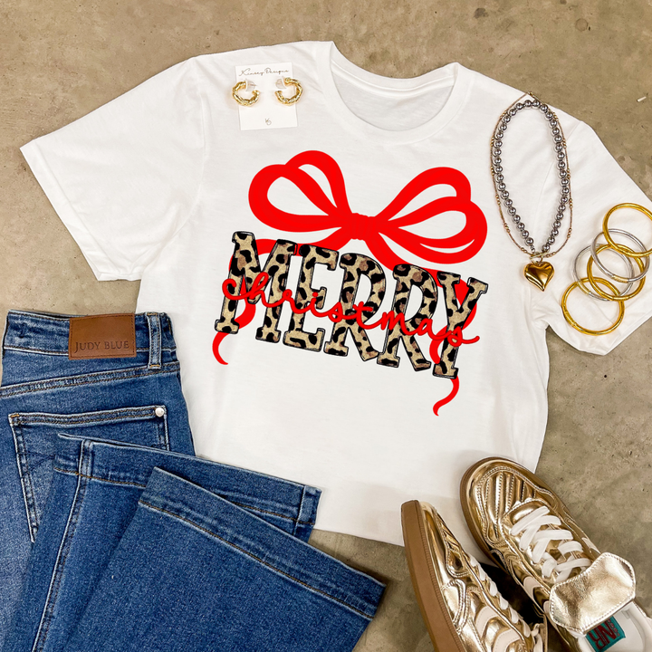 Online Exclusive | Leopard Merry with Red Bow Christmas Graphic on Tee and Sweatshirt Options