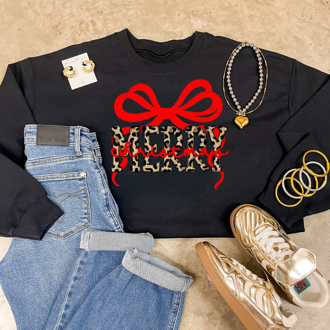 Online Exclusive | Leopard Merry with Red Bow Christmas Graphic on Tee and Sweatshirt Options