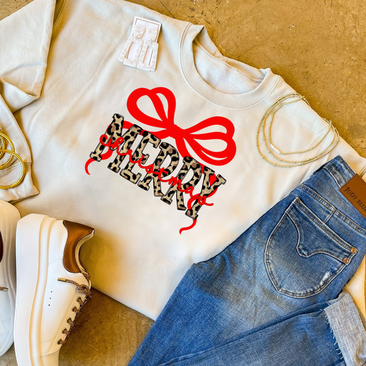 Online Exclusive | Leopard Merry with Red Bow Christmas Graphic on Tee and Sweatshirt Options