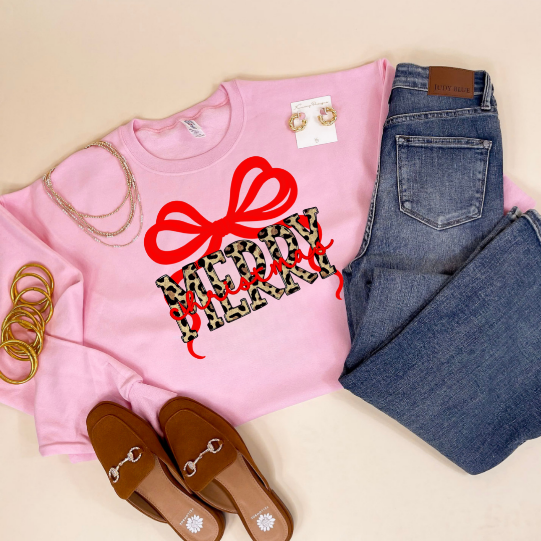 Online Exclusive | Leopard Merry with Red Bow Christmas Graphic on Tee and Sweatshirt Options