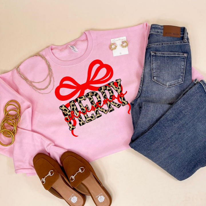 Online Exclusive | Leopard Merry with Red Bow Christmas Graphic on Tee and Sweatshirt Options