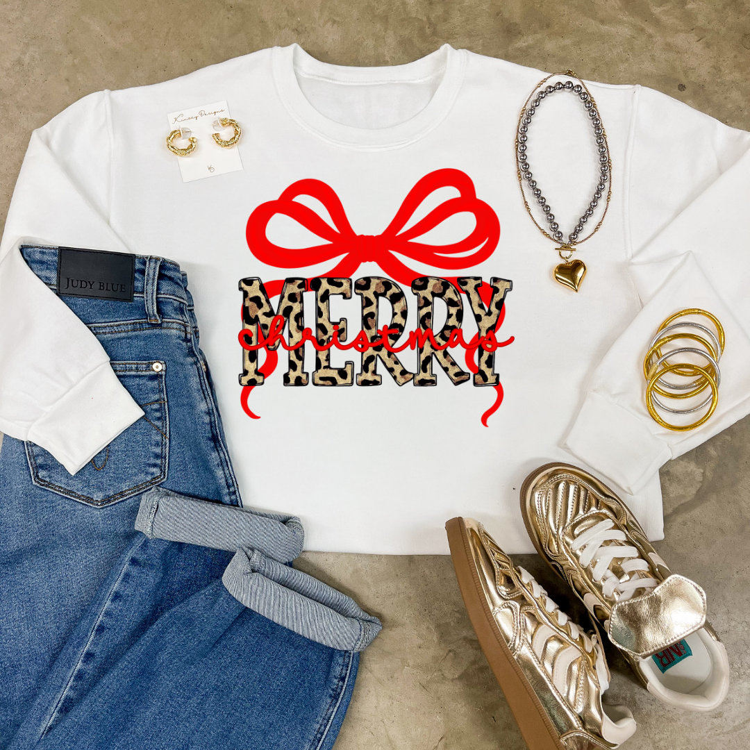 Online Exclusive | Leopard Merry with Red Bow Christmas Graphic on Tee and Sweatshirt Options