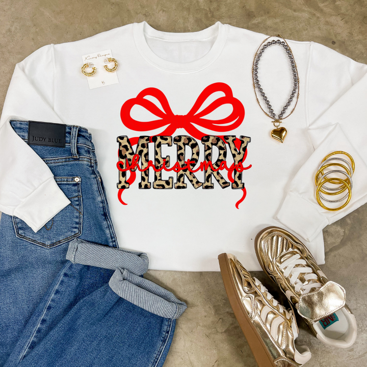 Online Exclusive | Leopard Merry with Red Bow Christmas Graphic on Tee and Sweatshirt Options
