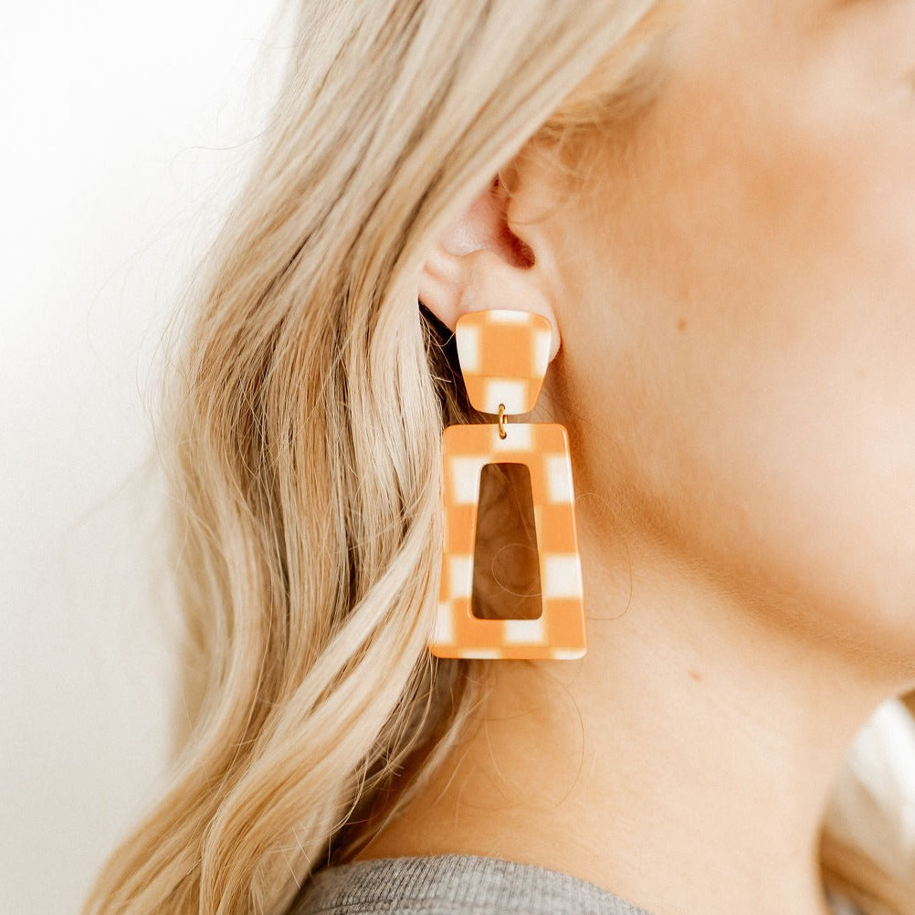 Linny Co | Kennedy Rectangular Drop Earrings in Orange Checker