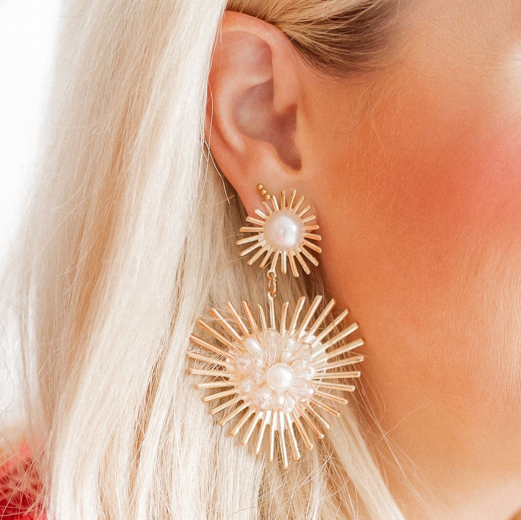 Linny Co | Fiona Gold Tone Heart Drop Earrings with Pearl and Crystal Accents