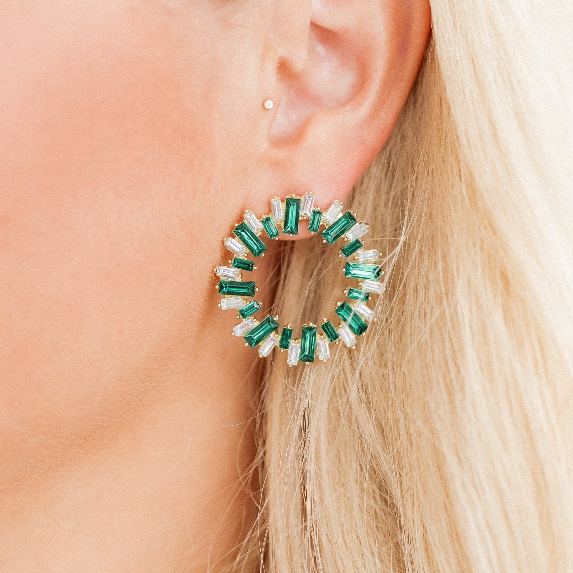 Linny Co | Whitney Gold Tone Circular Earrings with Crystal Accents in Green