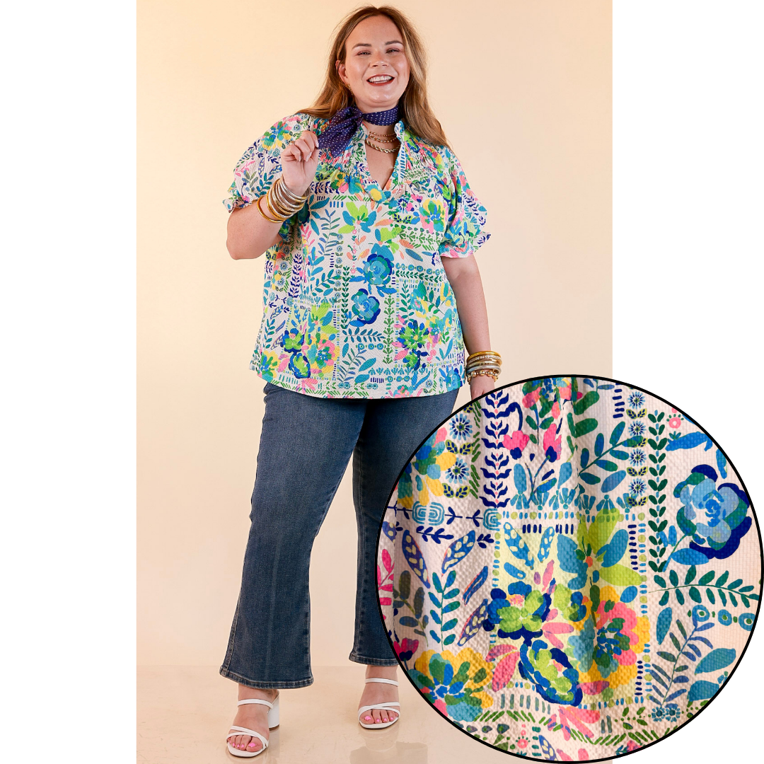 Living in Color Watercolor Floral Print Textured Top with Puff Sleeves in Ivory