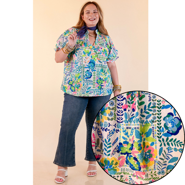 Living in Color Watercolor Floral Print Textured Top with Puff Sleeves in Ivory