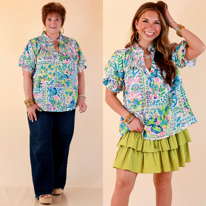Living in Color Watercolor Floral Print Textured Top with Puff Sleeves in Ivory