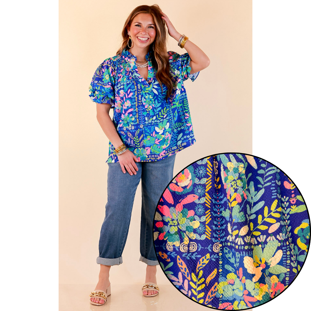 Living in Color Watercolor Floral Print Textured Top with Puff Sleeves in Royal Blue